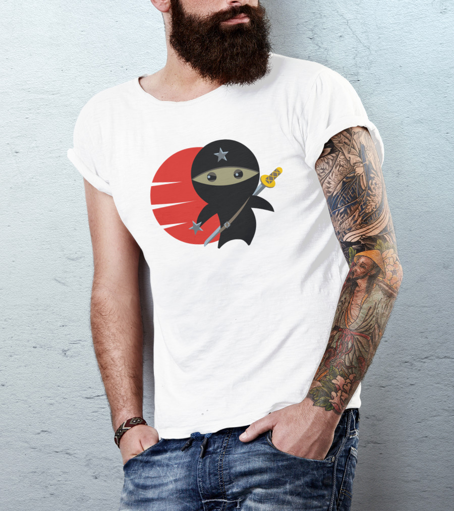 Ninja Star Warrior With Shuriken And Sword In Front Of Red Circle T-Shirt