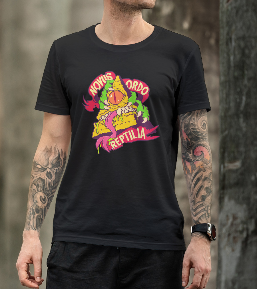 Novus Ordo Reptilia Pyramid Eye Creature With Green Tentacles And Red Flames T-Shirt