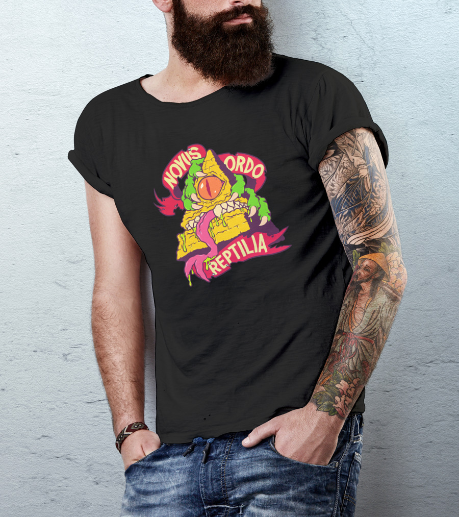 Novus Ordo Reptilia Pyramid Eye Creature With Green Tentacles And Red Flames T-Shirt