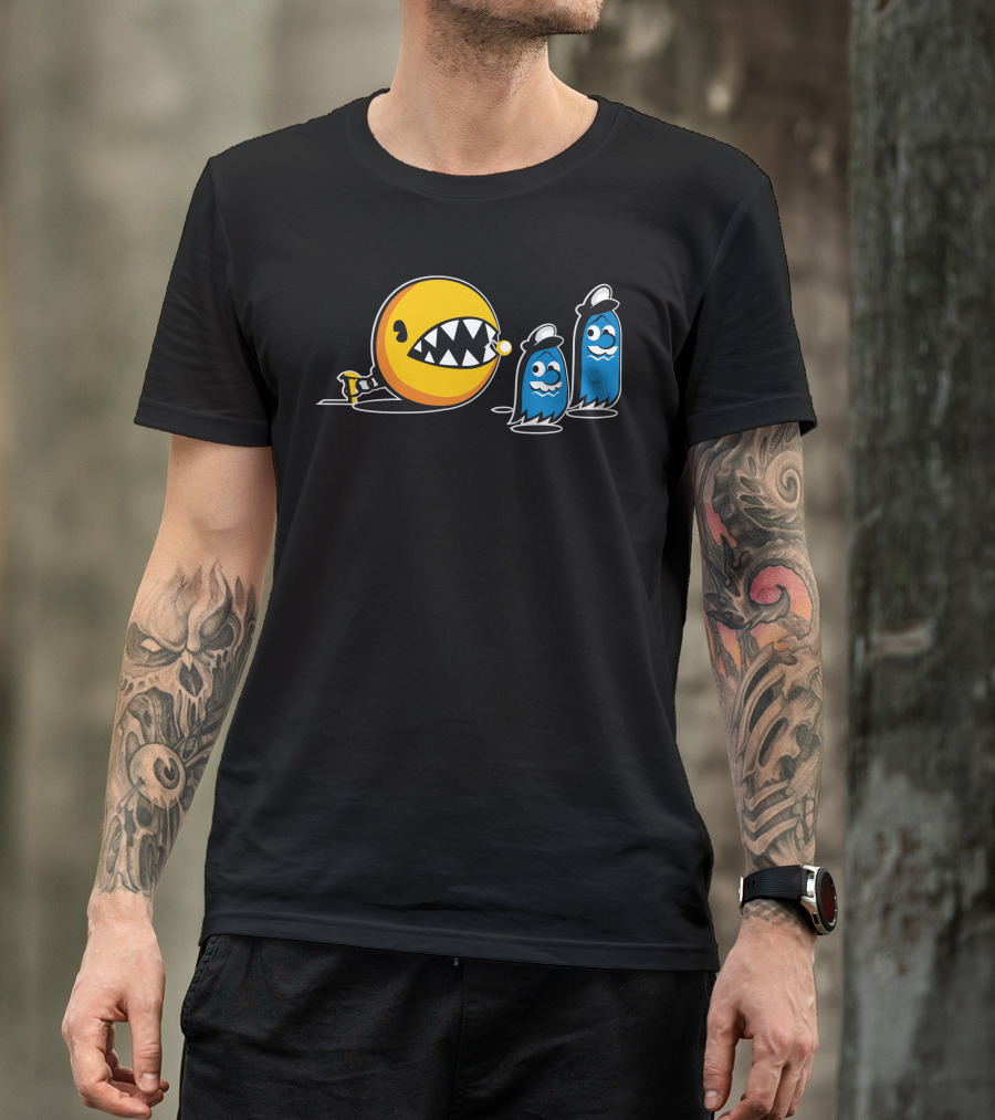 Pac Chomp Yellow Ball And Blue Ghosts T-Shirt