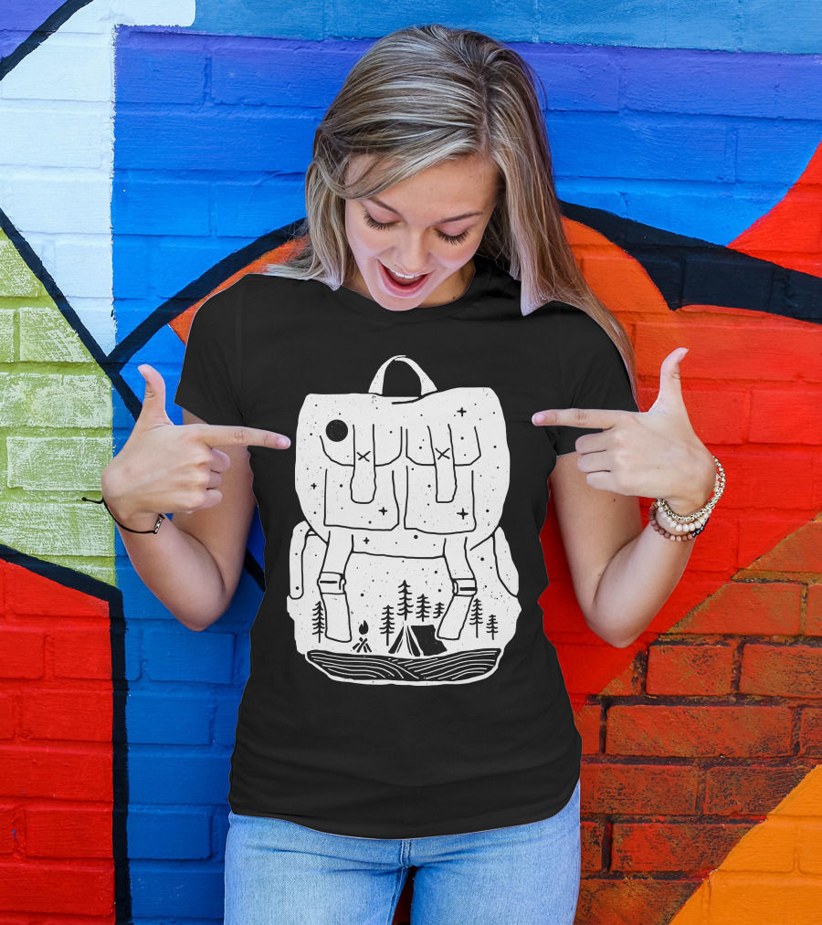 Backpacker Camping Adventure Under Night Sky With Tent And Forest Scene T-Shirt
