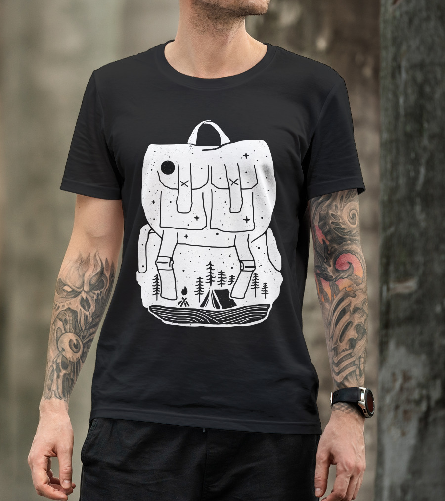 Backpacker Camping Adventure Under Night Sky With Tent And Forest Scene T-Shirt