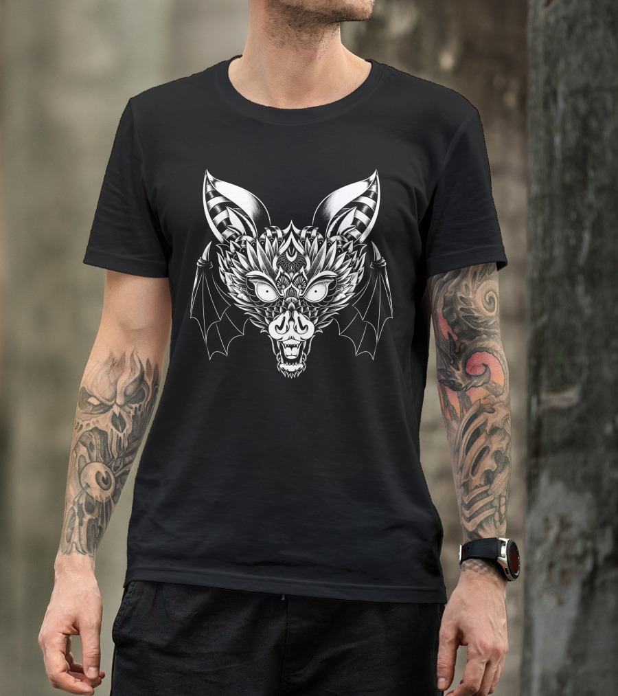 Bat Ornate Intricate Monochrome Winged Mask T-Shirt