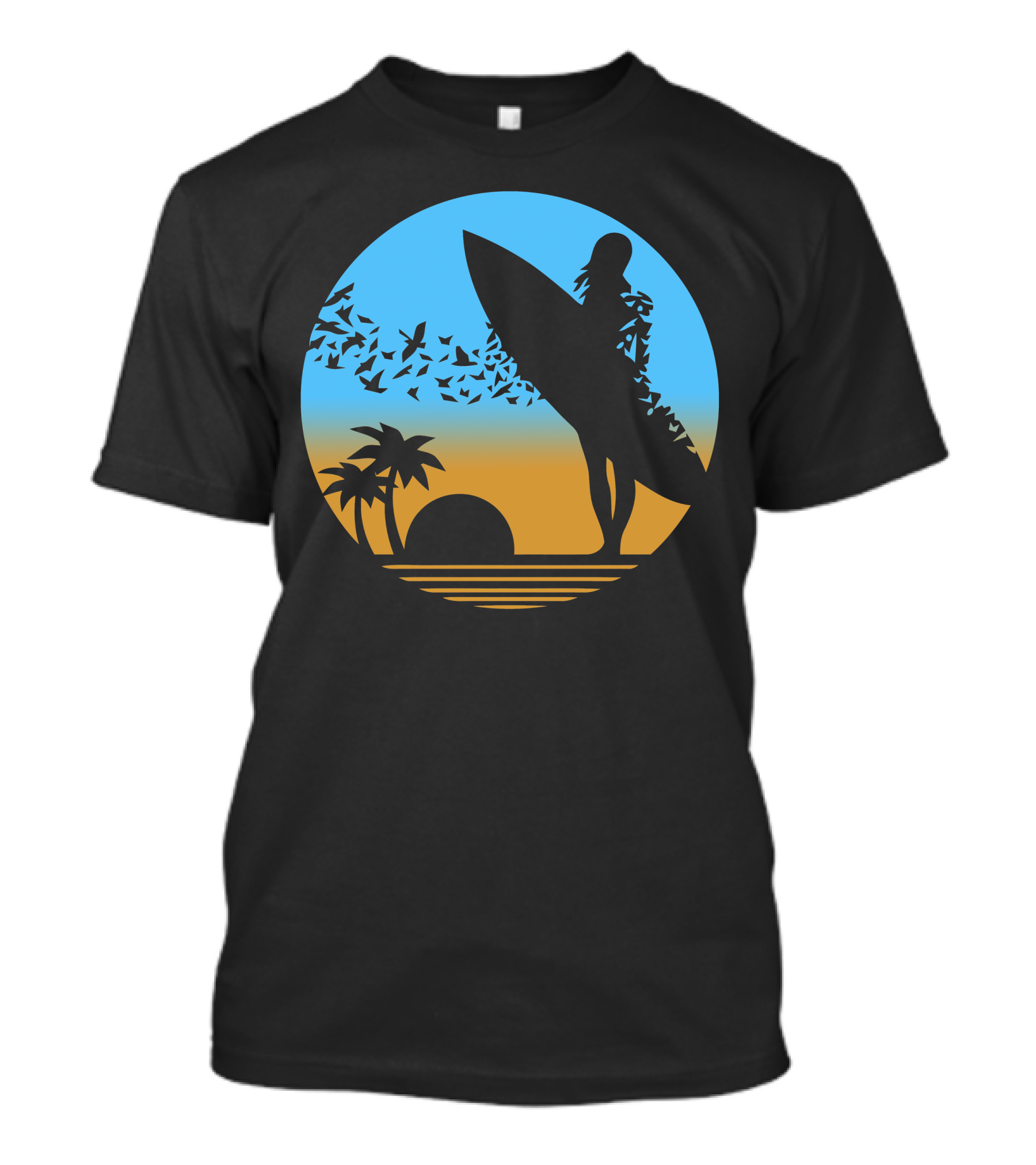Surfer Silhouette With Birds And Palm Trees At Sunset On The Beach T-Shirt