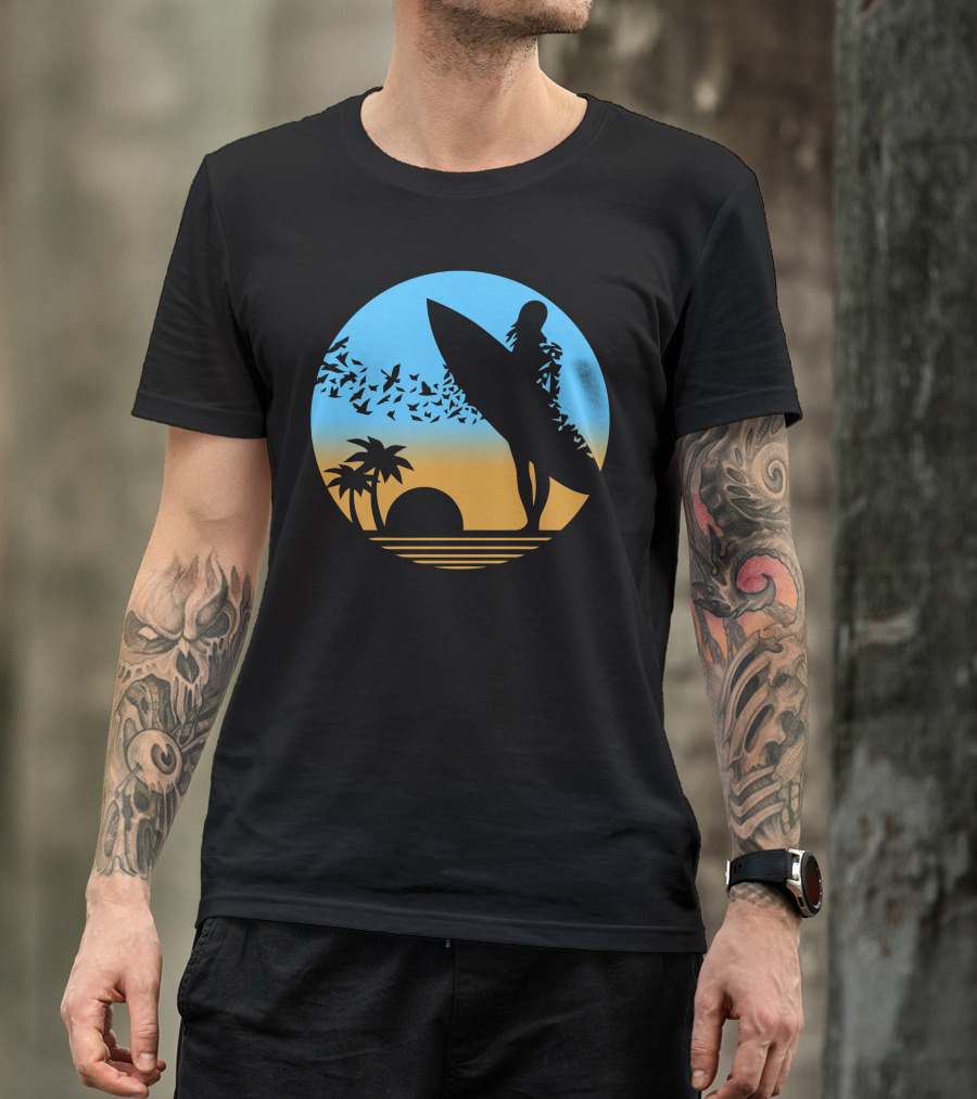 Surfer Silhouette With Birds And Palm Trees At Sunset On The Beach T-Shirt