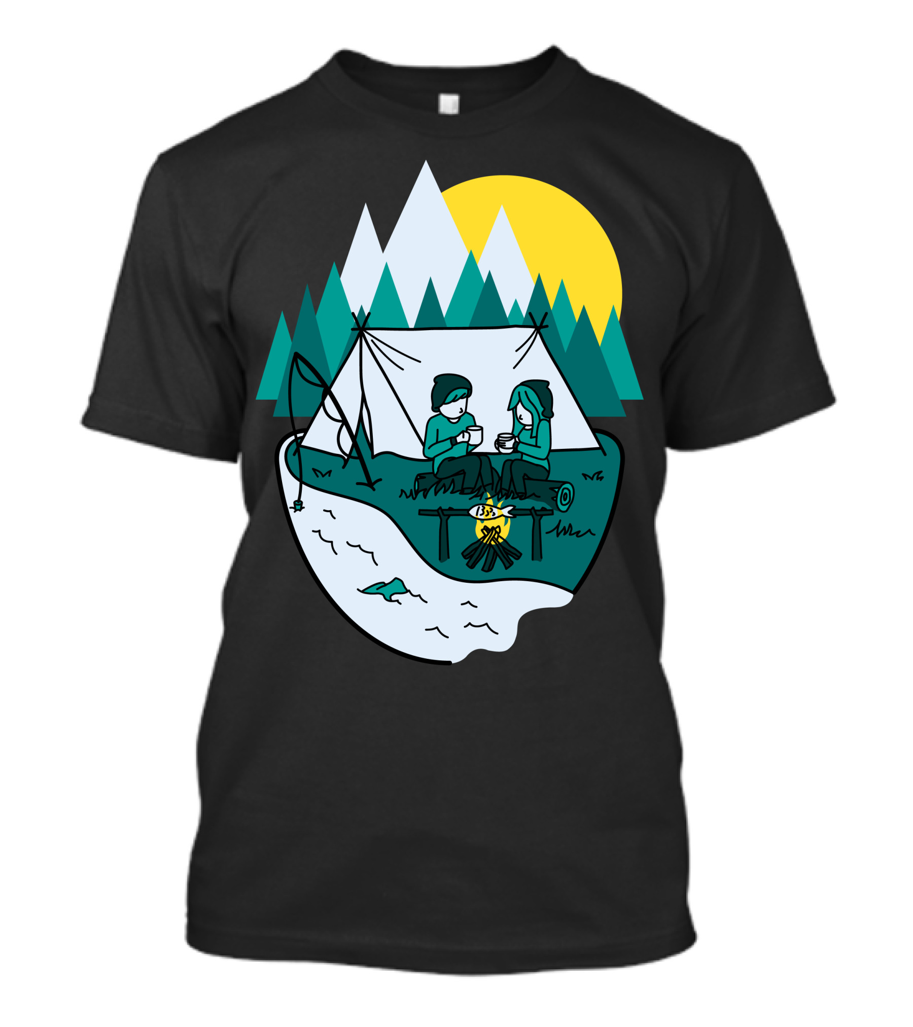 Camplove Cozy Campfire Mountain Scene With Tent And River T-Shirt
