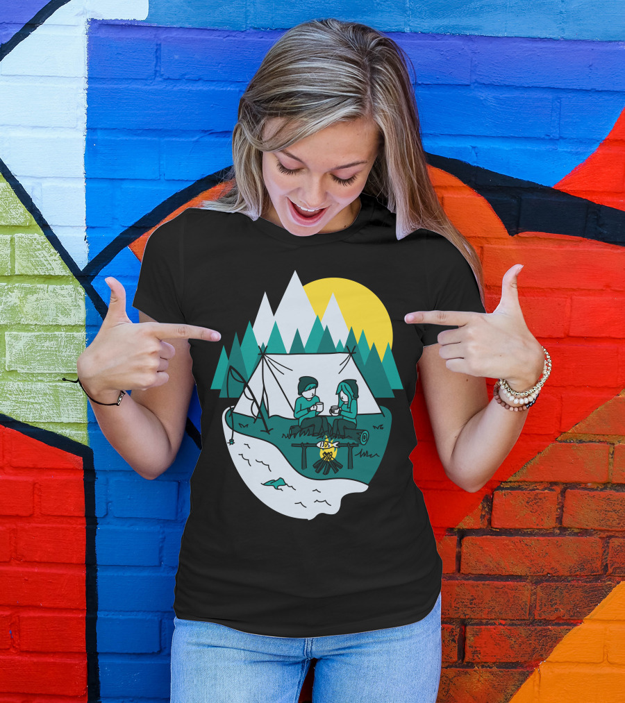 Camplove Cozy Campfire Mountain Scene With Tent And River T-Shirt
