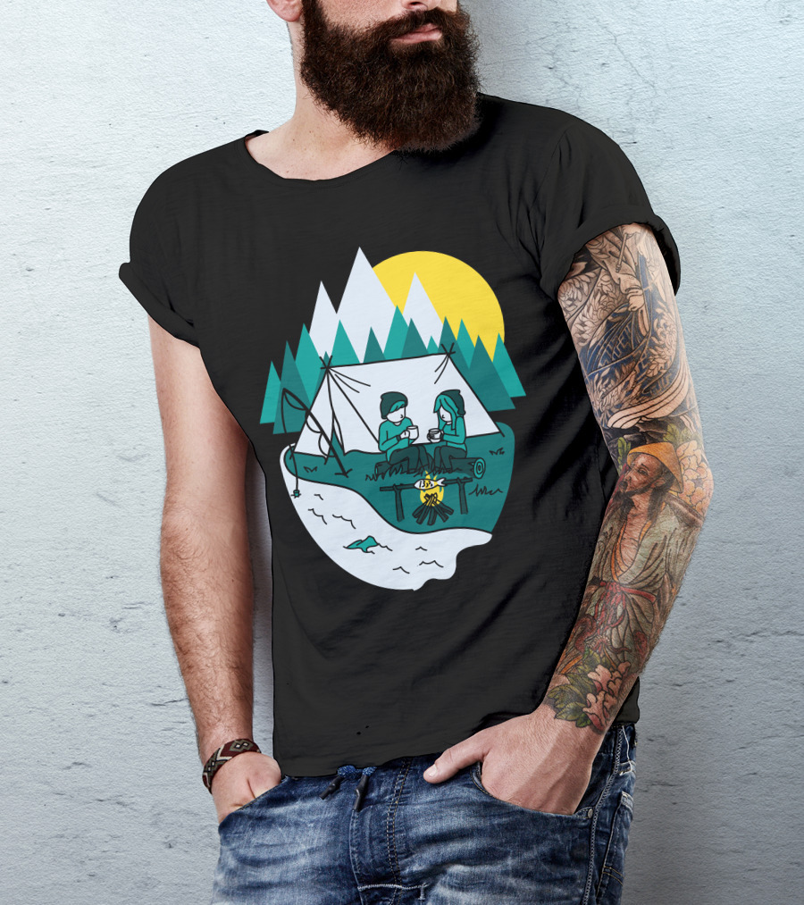 Camplove Cozy Campfire Mountain Scene With Tent And River T-Shirt