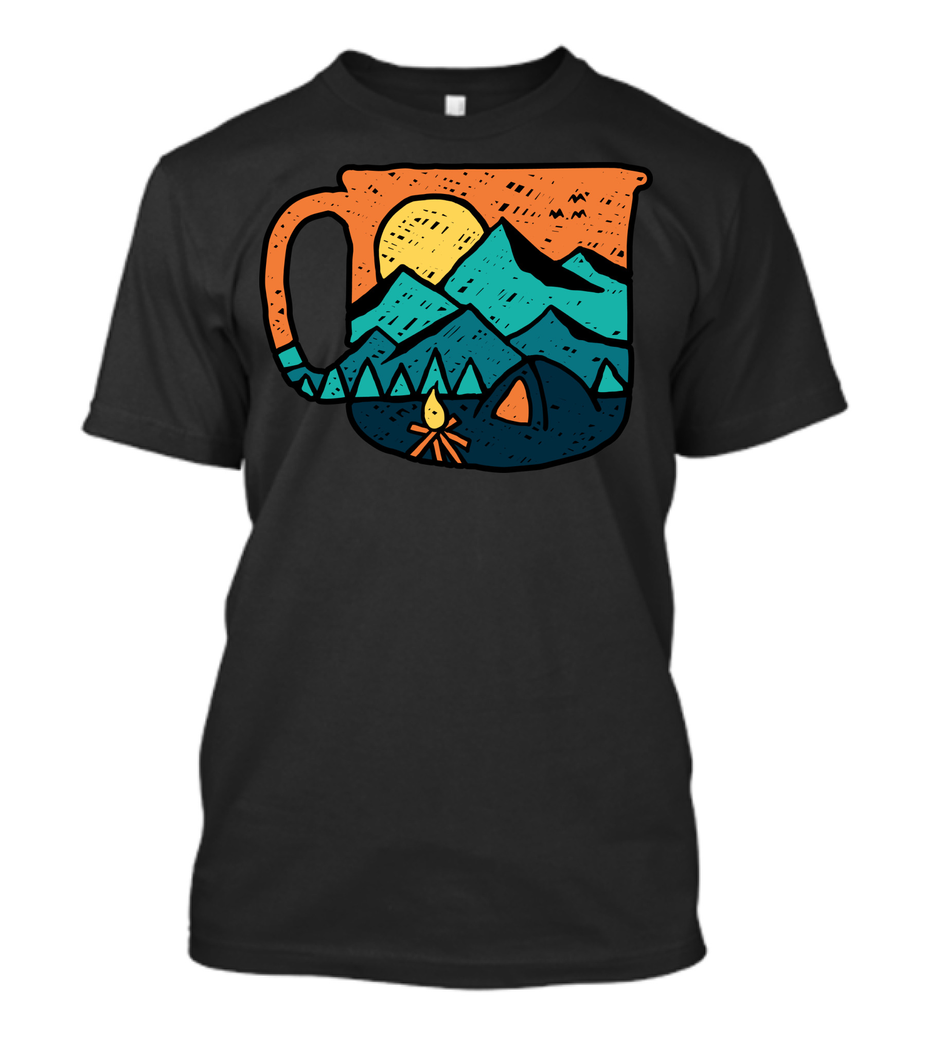 Coffee Mug With Campfire And Mountain Adventure Scene T-Shirt