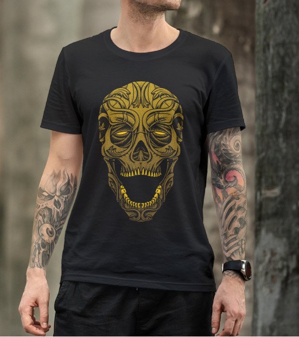 Dark Carver Ornate Skull Design Gold Tribal T-Shirt