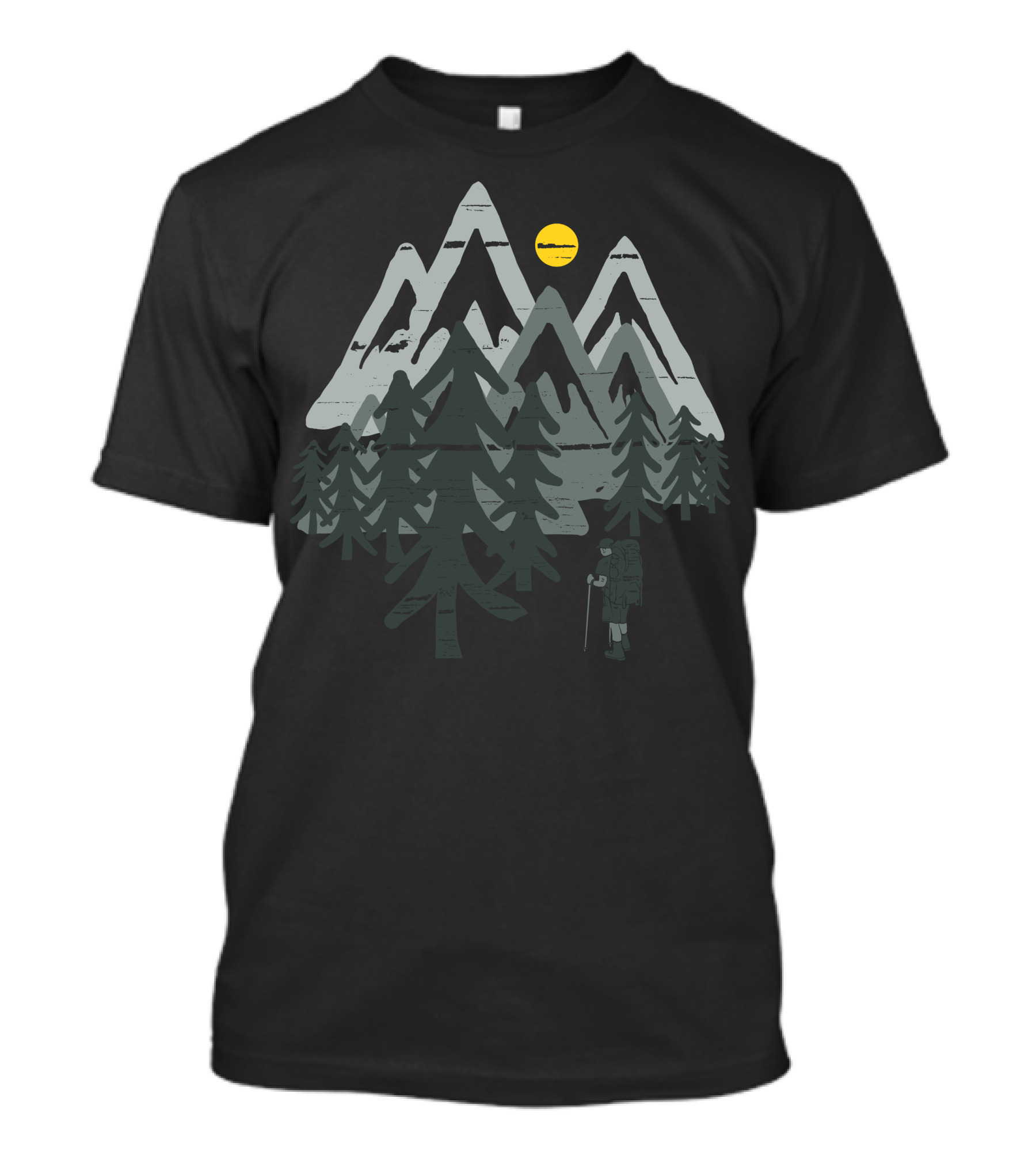 Explorer Hiking Adventure In Mountain Forest With Sun Background T-Shirt