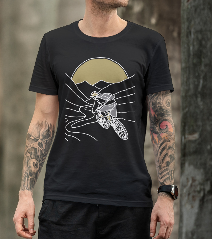 Mountain Biker Cycling Through Mountain Trail At Sunset T-Shirt