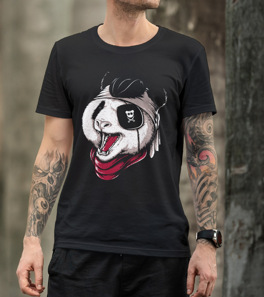 Panda Pirate Eyepatch Bandana Crossbones Tongue Out T-Shirt