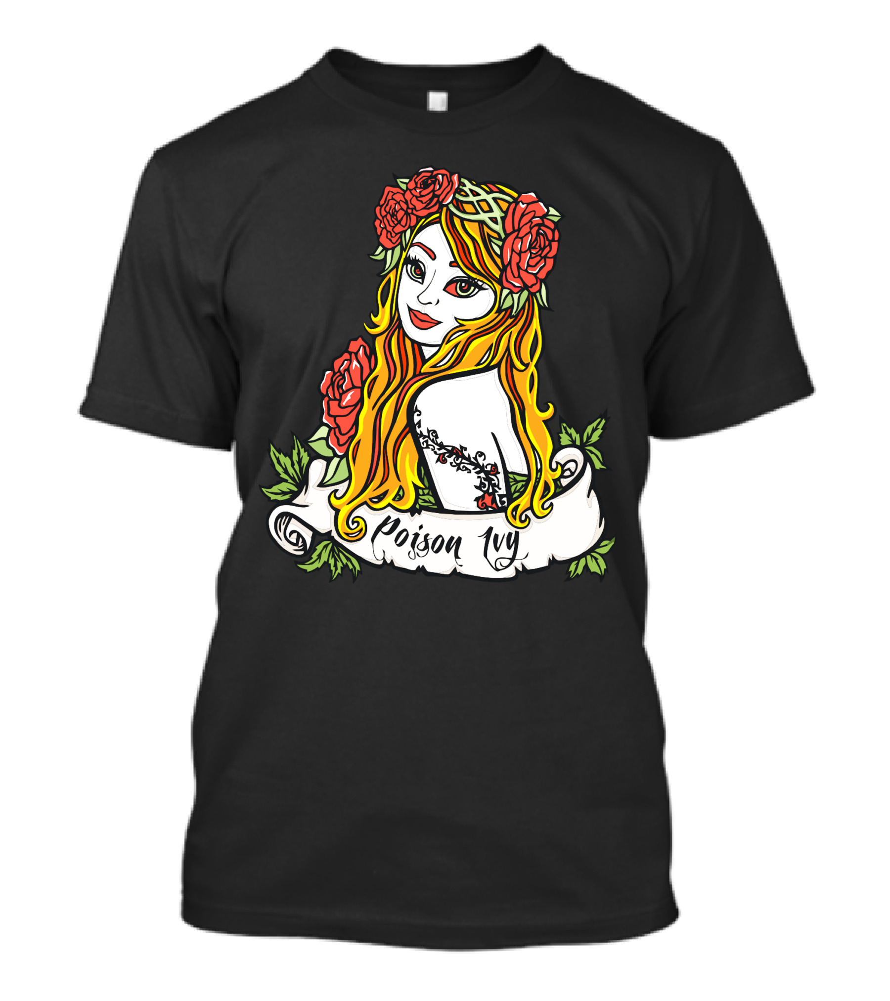 Poison Ivy Rose Tattoo With Blonde Hair And Floral T-Shirt