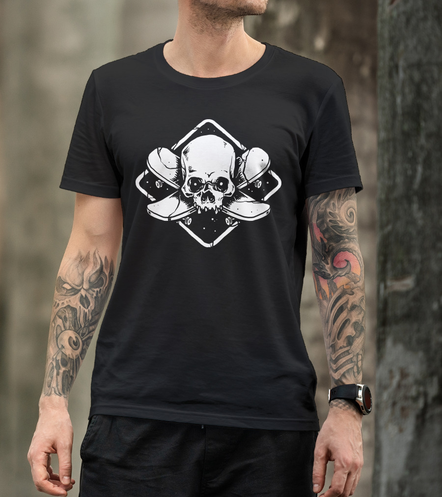 Skate Until The End Skull And Crossed Skateboards T-Shirt