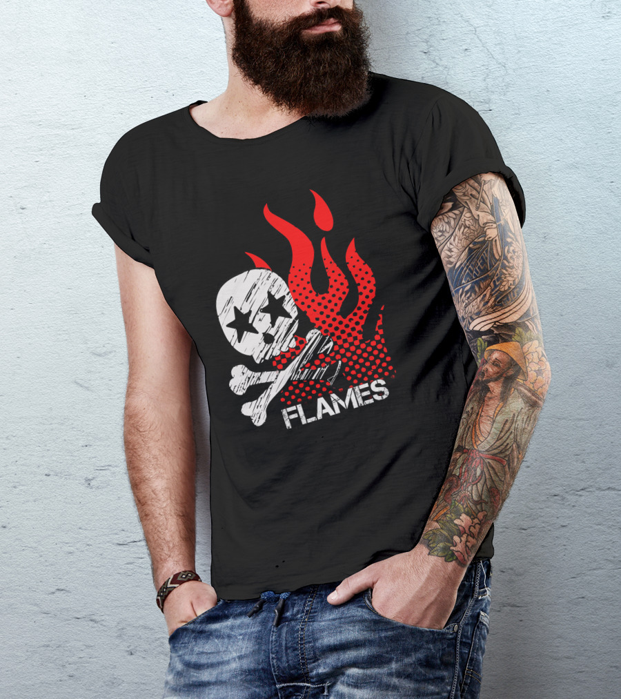 Skull Flames Red Stars Bones T-Shirt