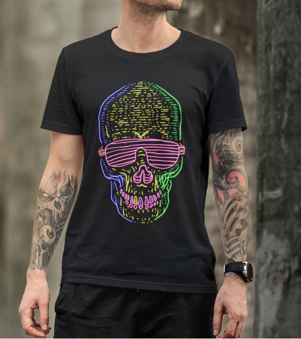 Skull Neon Sunglasses Fluorescent Lines 80s T-Shirt