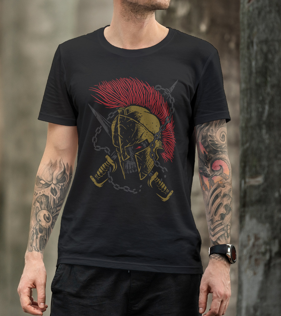 Sparta Warrior Skull Helmet With Red Plume And Crossed Swords T-Shirt