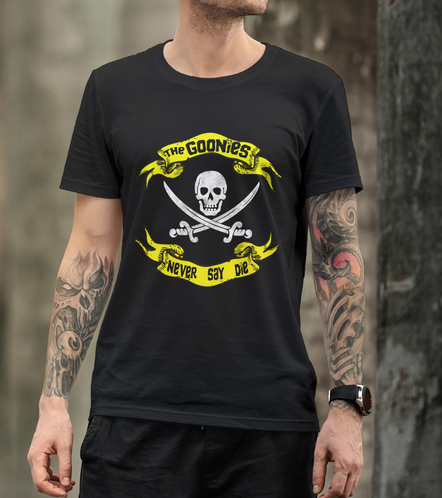 The Goonies Never Say Die Skull And Crossed Swords Iconic Phrase T-Shirt