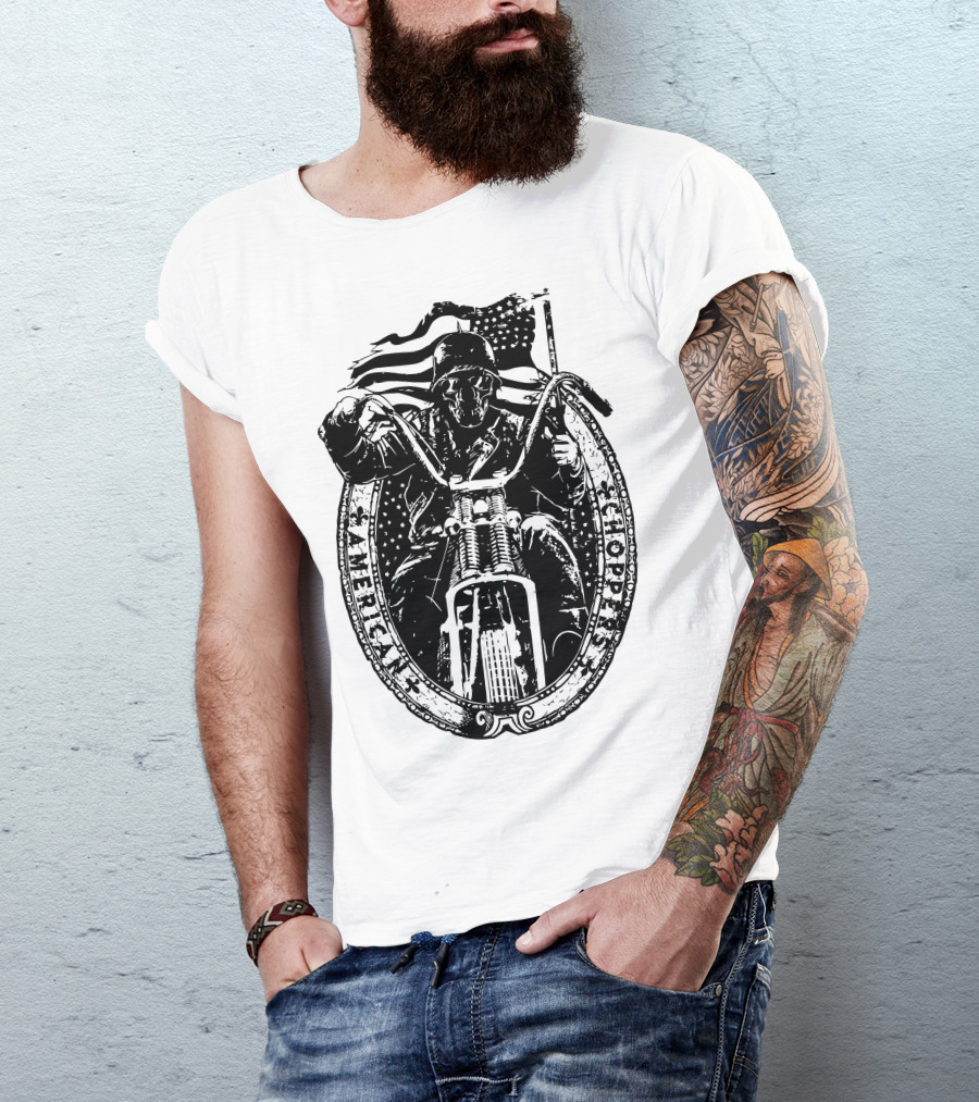 American Choppers Motorcycle Rider With Flag Oval Frame T-Shirt