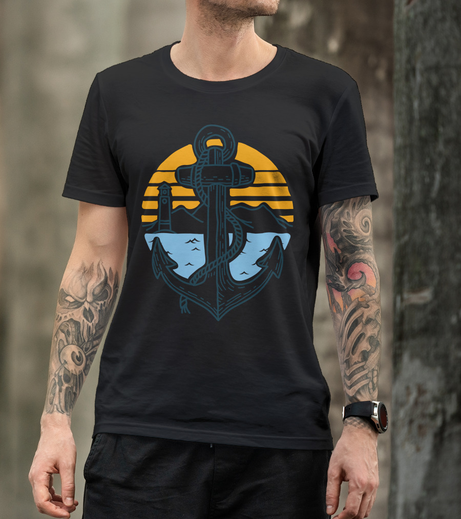 Anchor Point Nautical Sunset With Lighthouse And Mountains T-Shirt