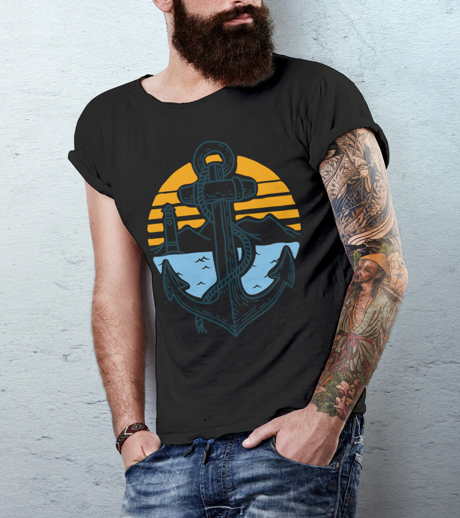 Anchor Point Nautical Sunset With Lighthouse And Mountains T-Shirt