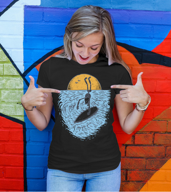 Death Surfer Skeleton Riding A Wave At Sunset T-Shirt