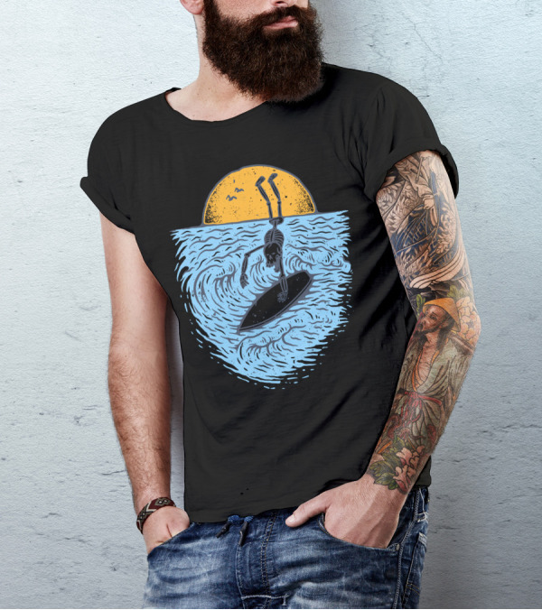 Death Surfer Skeleton Riding A Wave At Sunset T-Shirt