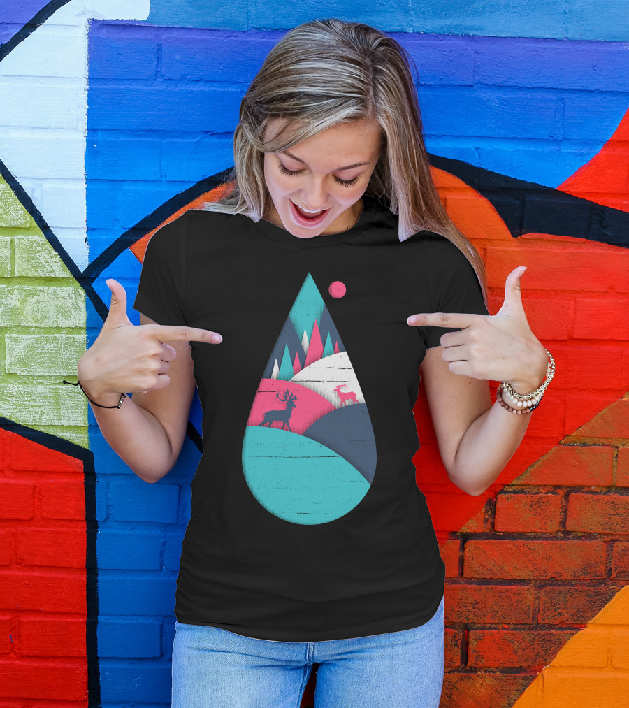 Deer In Vibrant Landscape Within Geometric Teardrop T-Shirt