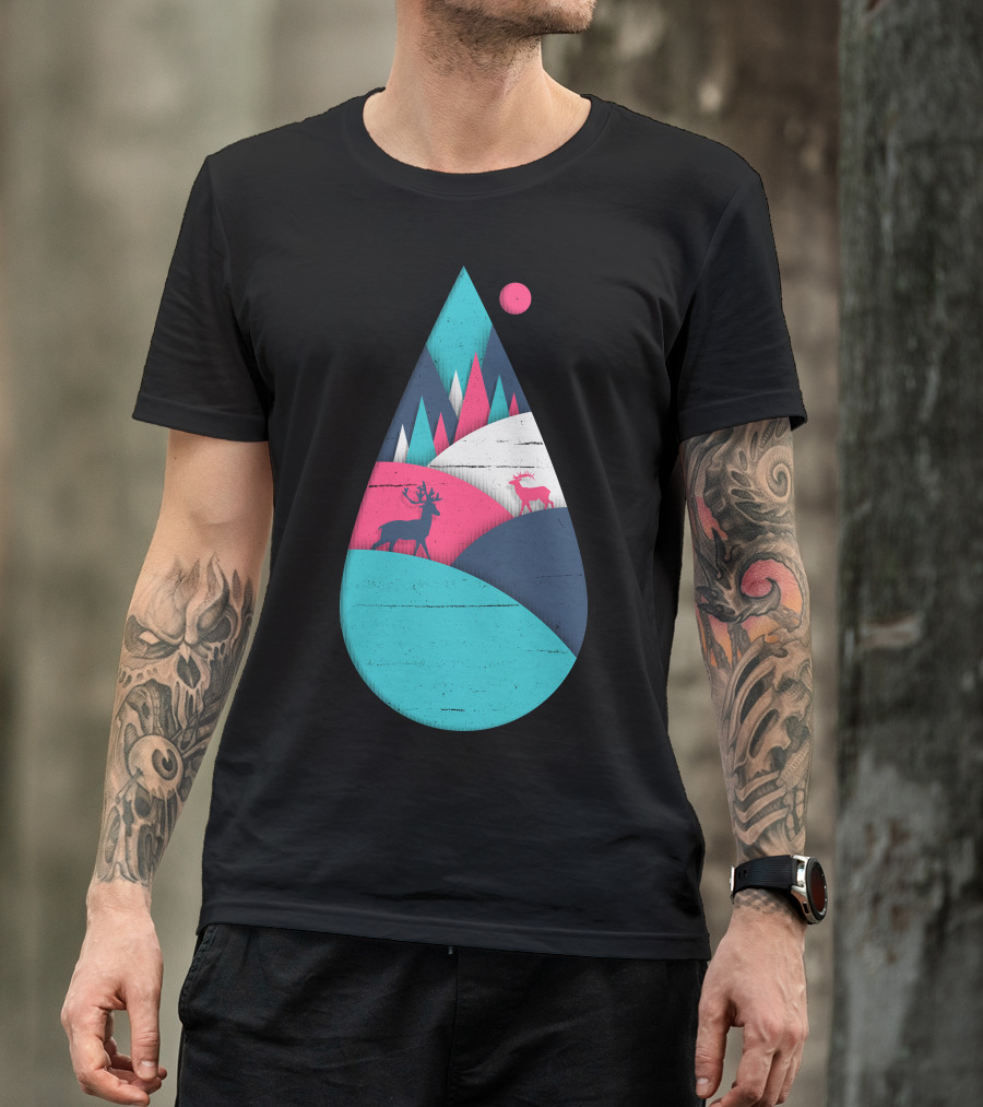 Deer In Vibrant Landscape Within Geometric Teardrop T-Shirt
