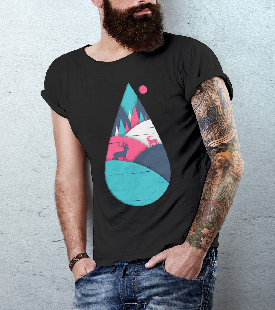Deer In Vibrant Landscape Within Geometric Teardrop T-Shirt