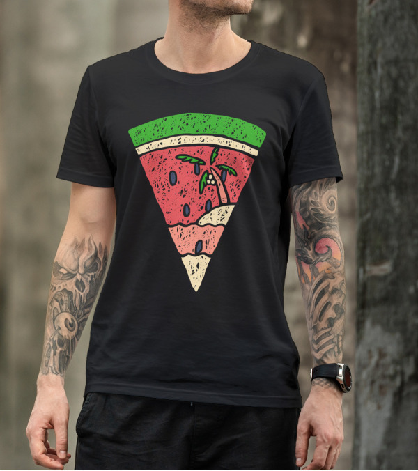 Watermelon Slice With Palm Tree Beach Scene T-Shirt