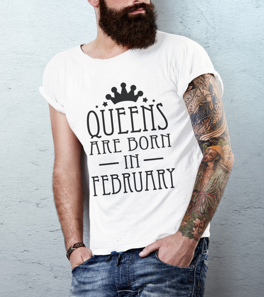 Queens Are Born In February Crown Stars Black T-Shirt