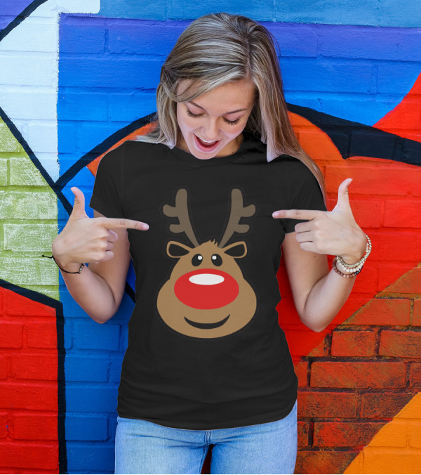 Rudolph Big Red Nose Reindeer Face With Antlers T-Shirt