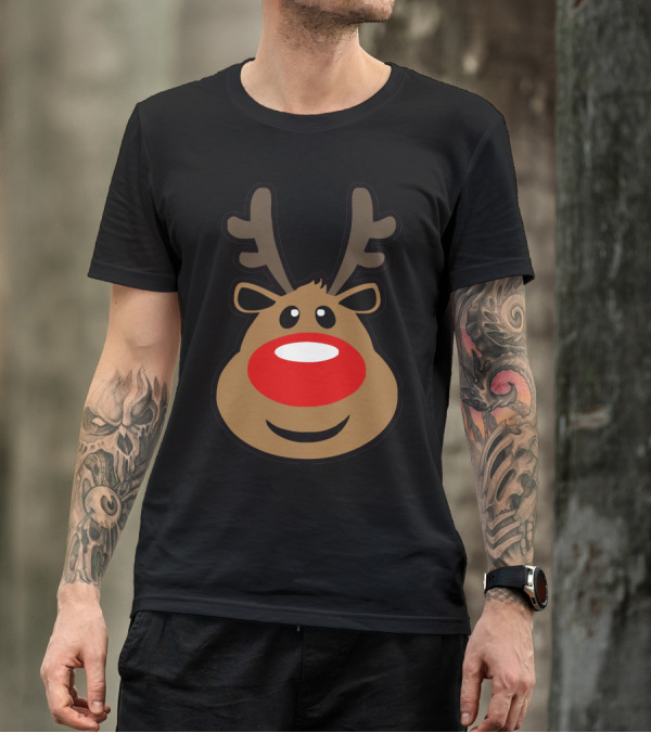 Rudolph Big Red Nose Reindeer Face With Antlers T-Shirt