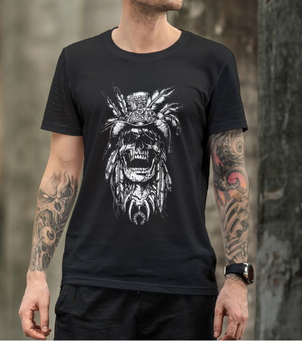 Skull With Tribal Feathered Hat And Medallions T-Shirt