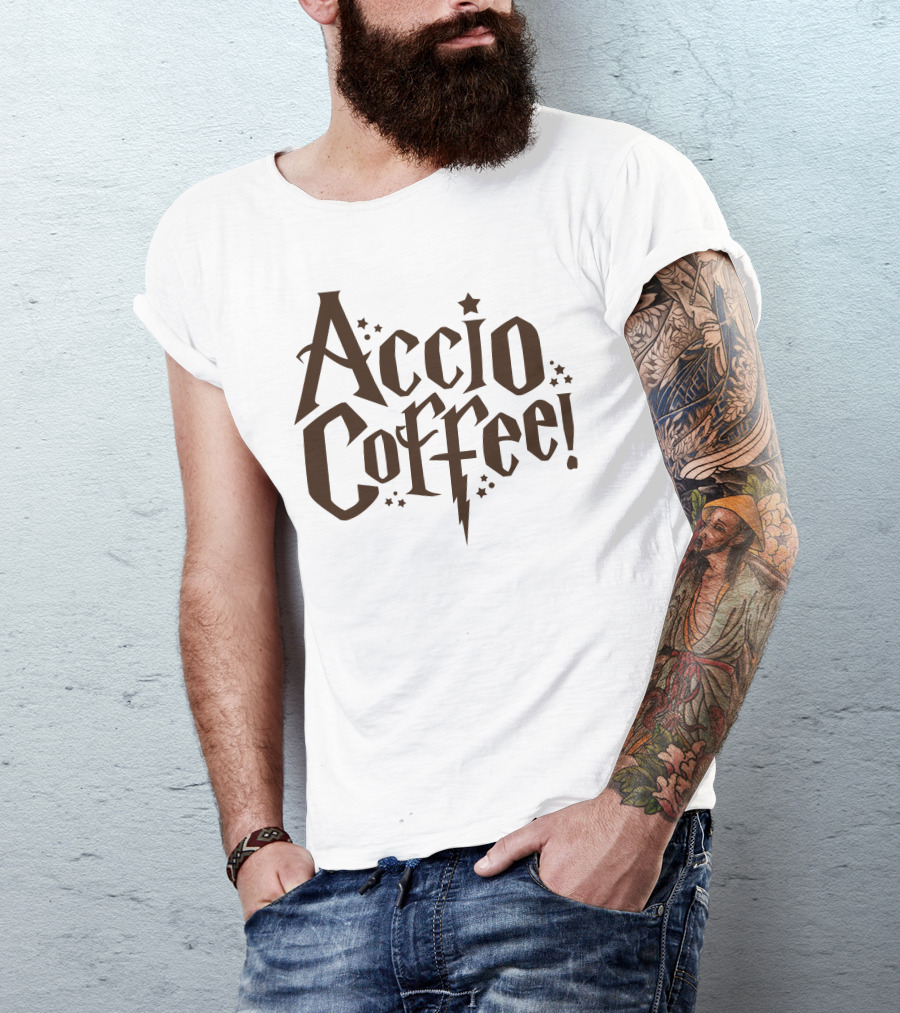 Accio Coffee Wizard Lightning Bolt Magic Spell Stars T-Shirt