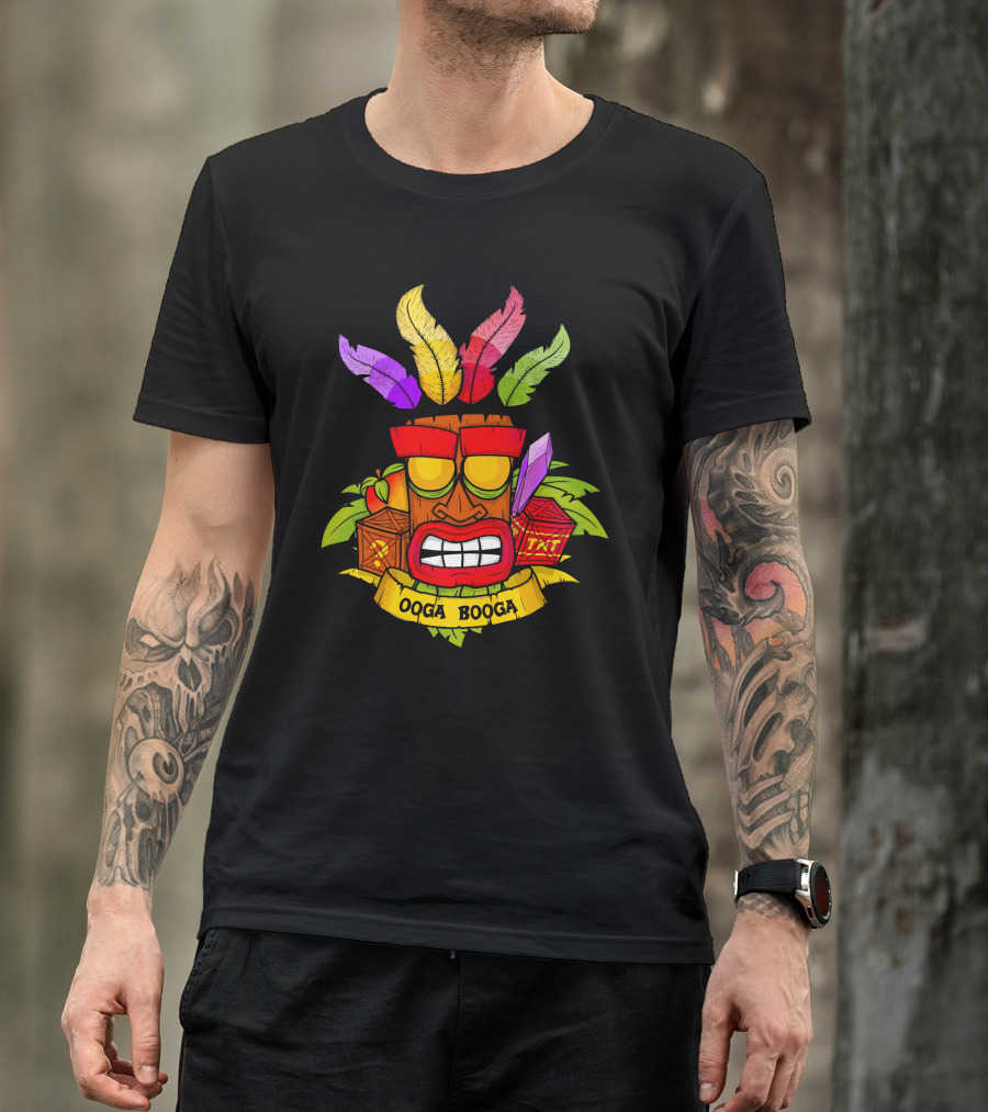 Aku Aku Ooga Booga Crash Bandicoot Mask Feathers Crates T-Shirt