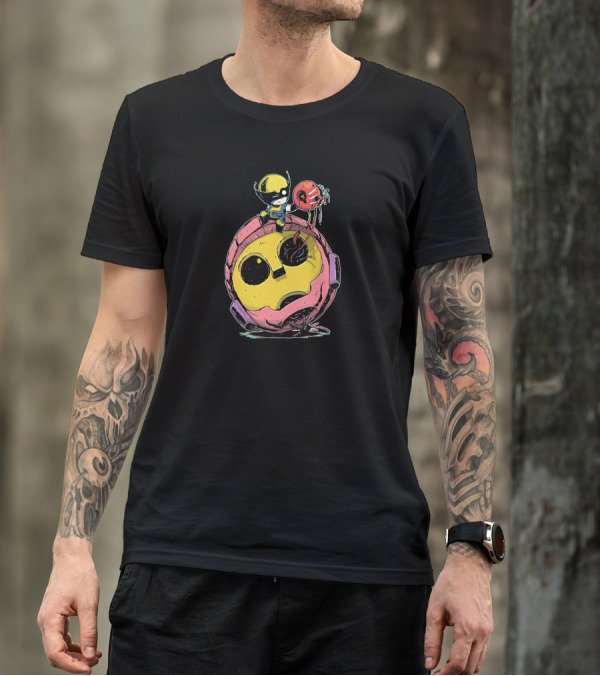 Baby Wolverine Sitting On Giant Broken Happy Face Robot Head T-Shirt