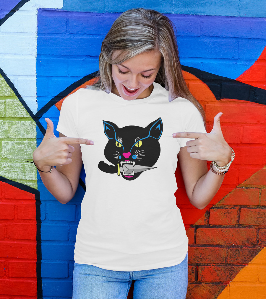 Balck Cat Knife Mouth Vibrant Neon Accent T-Shirt