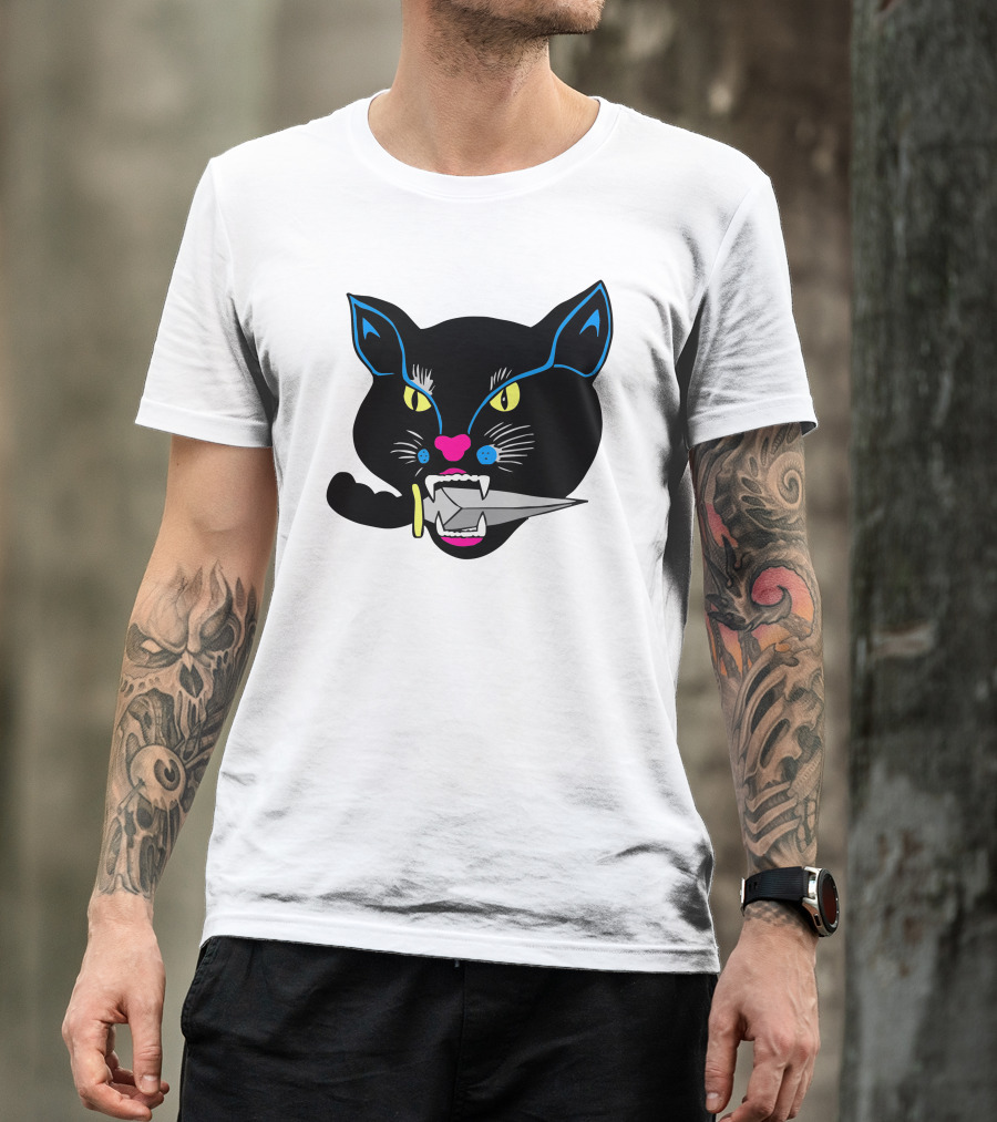 Balck Cat Knife Mouth Vibrant Neon Accent T-Shirt