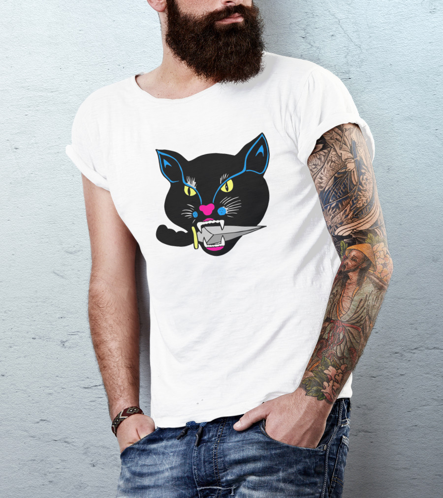 Balck Cat Knife Mouth Vibrant Neon Accent T-Shirt