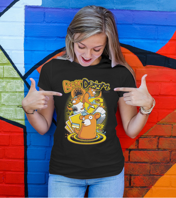 BearDesignz Comic Style Bears With Books And Bright Yellow Accents T-Shirt