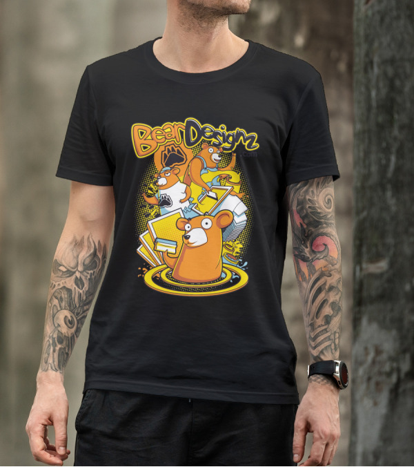 BearDesignz Comic Style Bears With Books And Bright Yellow Accents T-Shirt