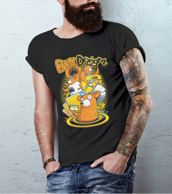 BearDesignz Comic Style Bears With Books And Bright Yellow Accents T-Shirt