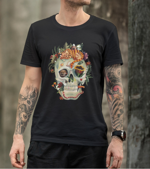 Beautiful Us Skull With Sleeping Cat, Flowers, And Snake T-Shirt
