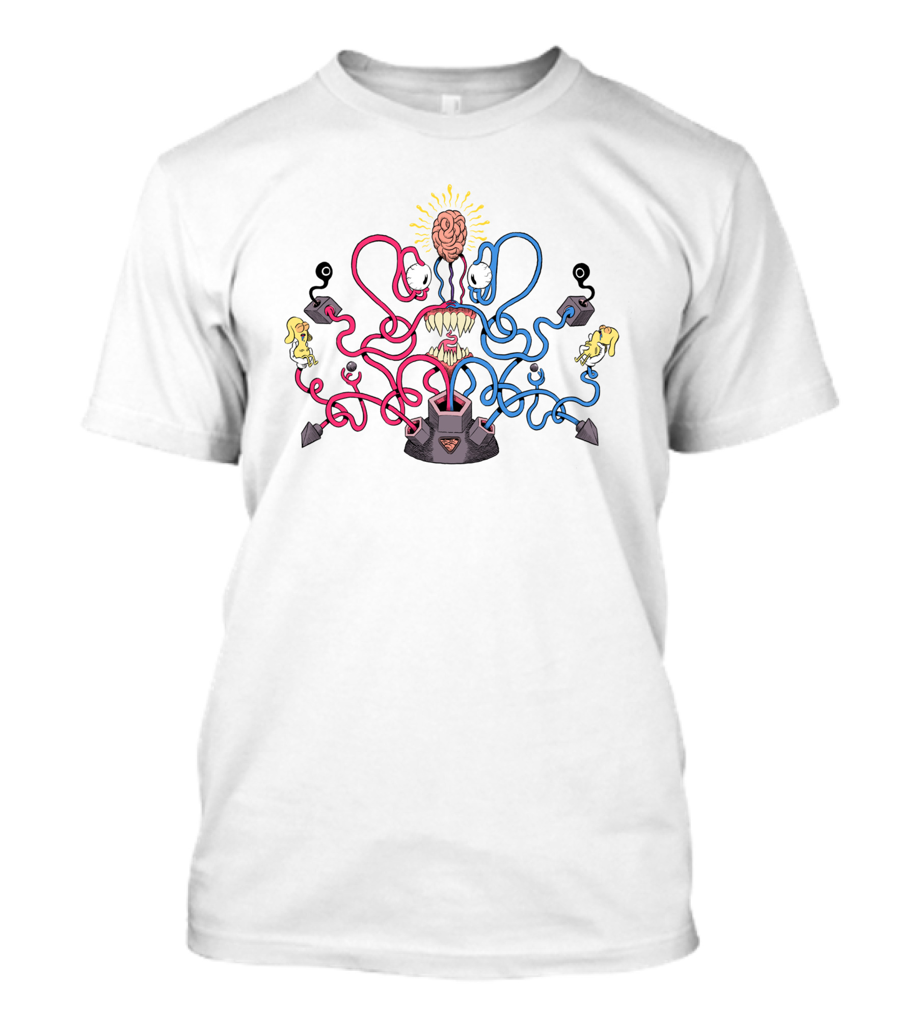 Bluuhhhh Brain With Twisting Red And Blue Tentacles And Cartoon Eyes T-Shirt