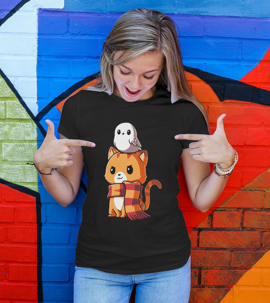 Brave Kitty With Owl Winter Scarf T-Shirt