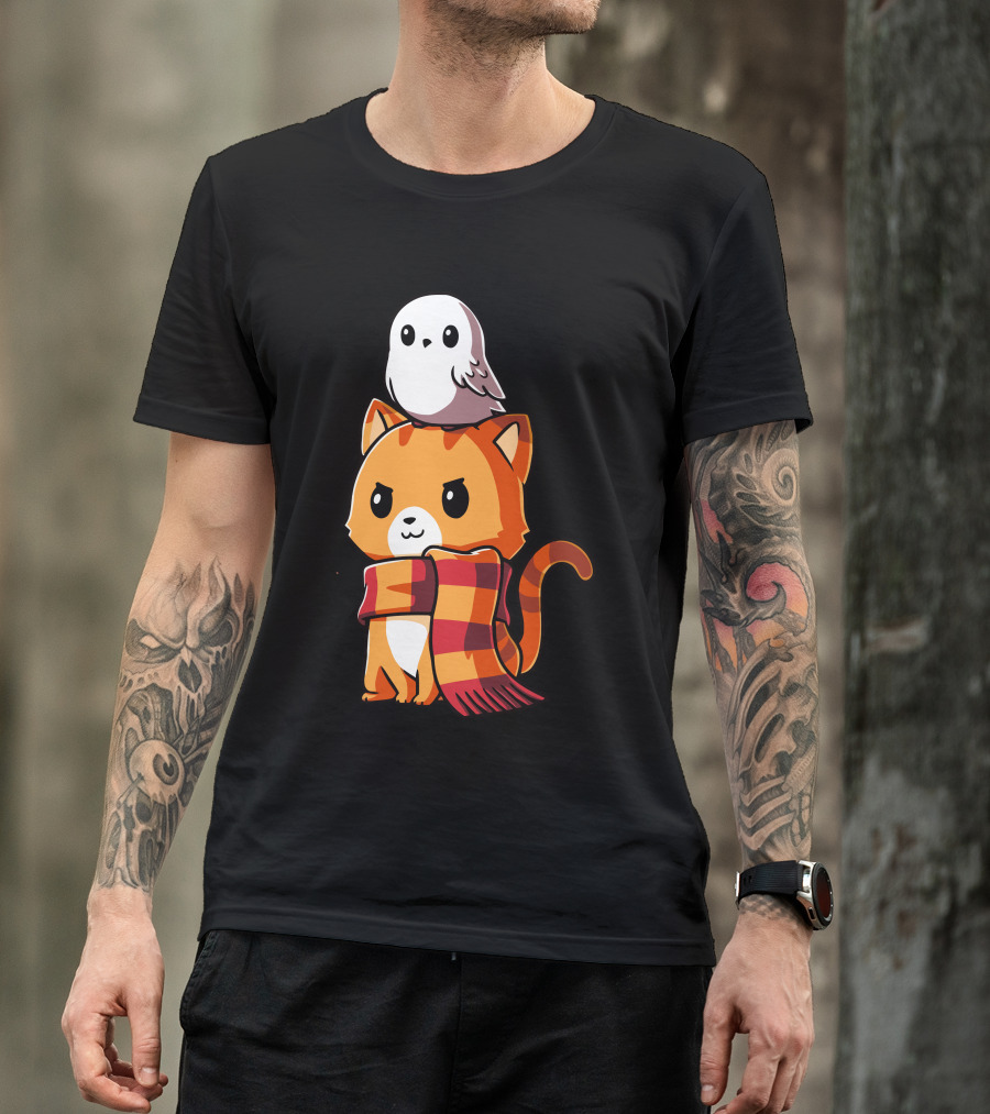 Brave Kitty With Owl Winter Scarf T-Shirt