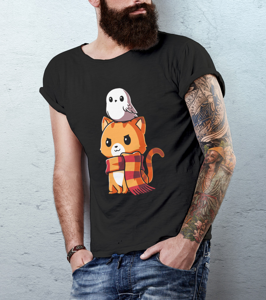 Brave Kitty With Owl Winter Scarf T-Shirt
